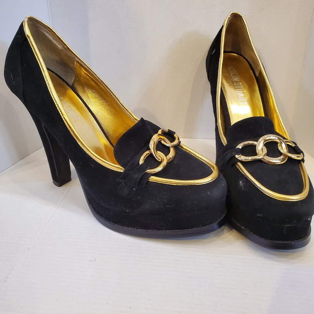 Vintage Colin Stuart Elegant Black and Gold Chain Women's Heels Sz 8.5